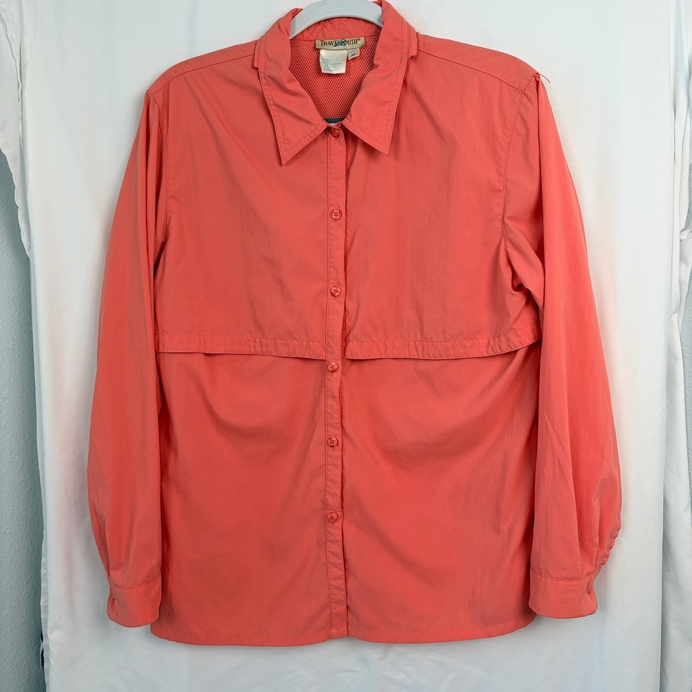 TravelSmith Button Up Shirt Size M Coral Long Sleeve Vented Hiking Travel